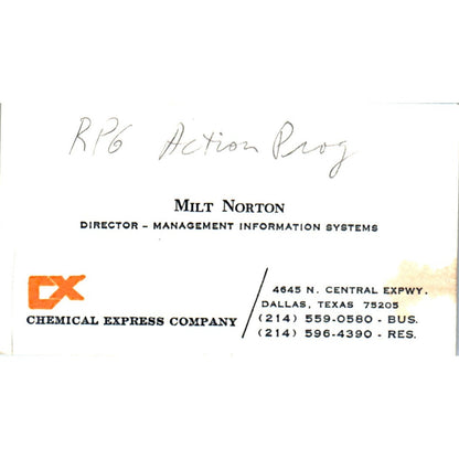 Milt Norton Chemical Express Company Dallas TX Vintage Business Card SE3-B10