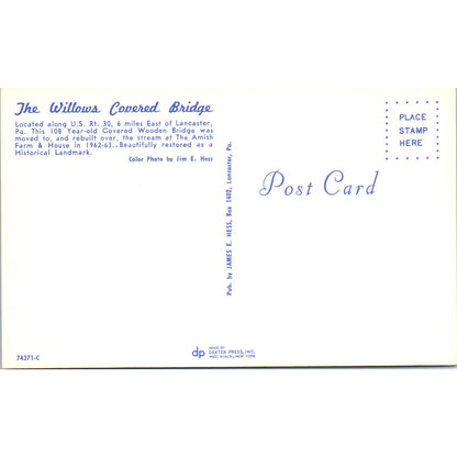 The Willows Covered Bridge Lancaster PA Vintage Covered Bridge Postcard PD6