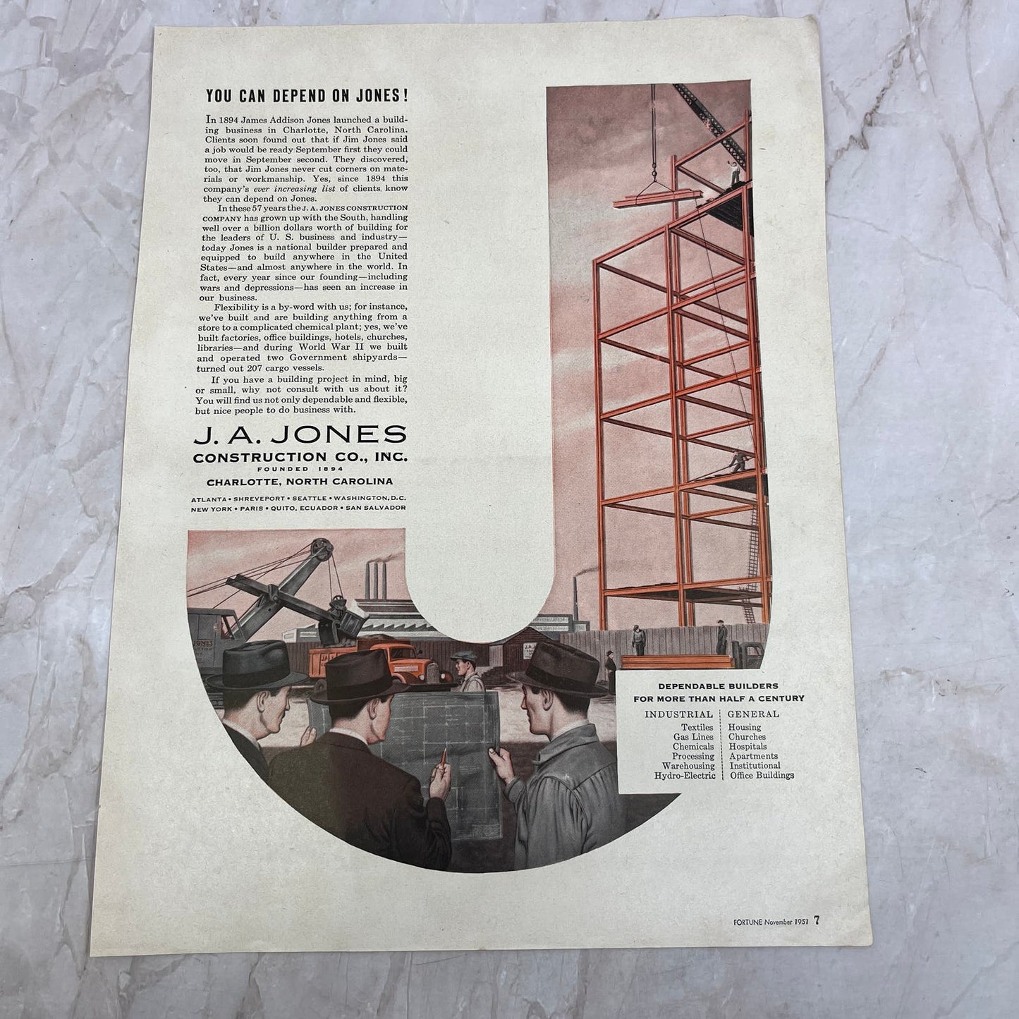 J.A. Jones Construction Co Charlotte North Carolina 1951 Magazine Ad FL6-10