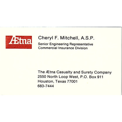 Cheryl F Mitchell ASP Long Beach CA Aetna Ins Co Vintage Business Card SE3-B15