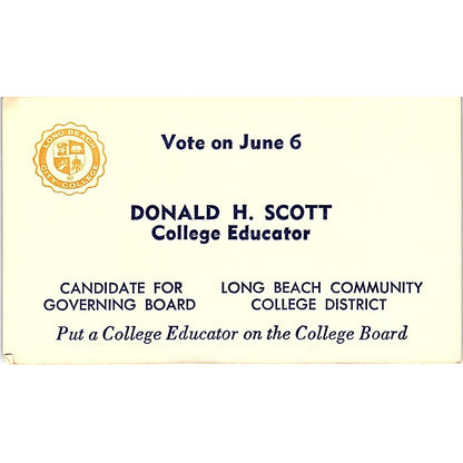 Donald H. Scott College Educator Long Beach CA Vintage Business Card SF3-B3