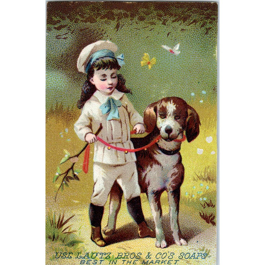 Lautz Bros & Co Soaps Girl with Dog c1880 Victorian Trade Card AE5