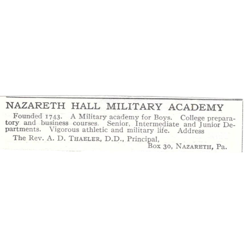 Nazareth Hall Military Academy A.D. Thaeler PA c1918 Advertisement AE5-SV1