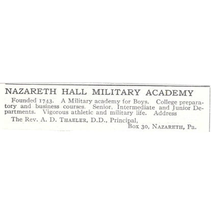 Nazareth Hall Military Academy A.D. Thaeler PA c1918 Advertisement AE5-SV1