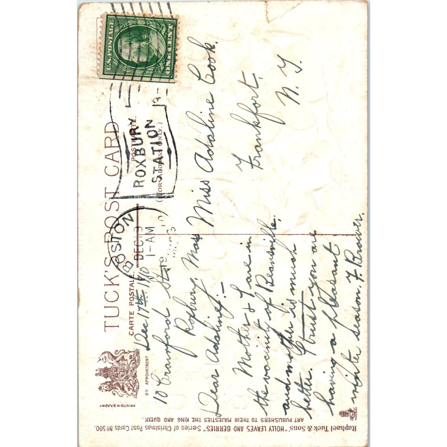 1910 Raphael Tuck Merry Christmas Holly Embossed Original Postcard PC10