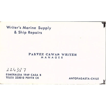 Parvez Cawas Writer Marine Supply Antofagasta Chile Vintage Business Card SD9-B8