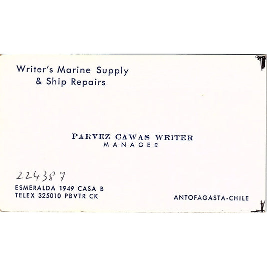 Parvez Cawas Writer Marine Supply Antofagasta Chile Vintage Business Card SD9-B8