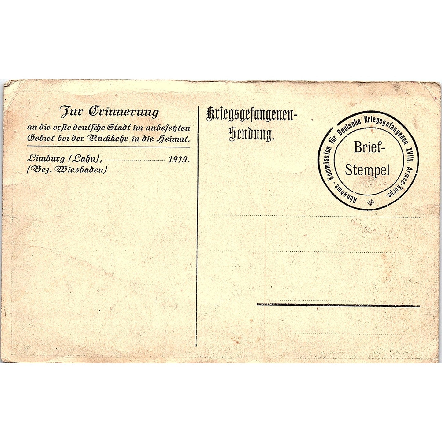 1919 WWI German POW Returning Home Limburg (Lahn) Antique Postcard PE10