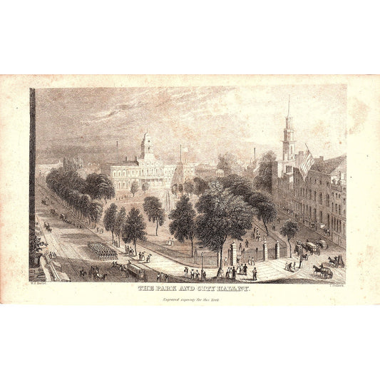 1850s Steel Engraving The Park and City Hall New York 5x8.5" V17