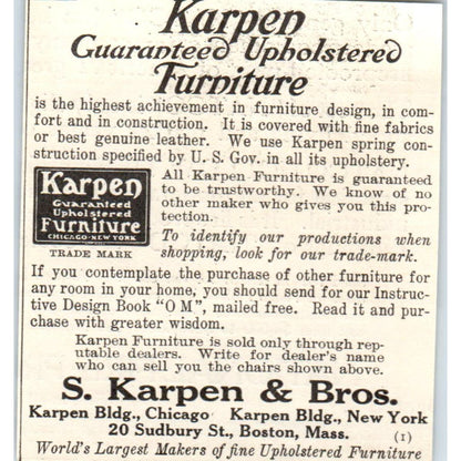 S. Karpen & Bros Furniture Boston c1905 Original Magazine Advertisement AE7-A1