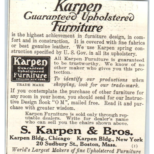 S. Karpen & Bros Furniture Boston c1905 Original Magazine Advertisement AE7-A1