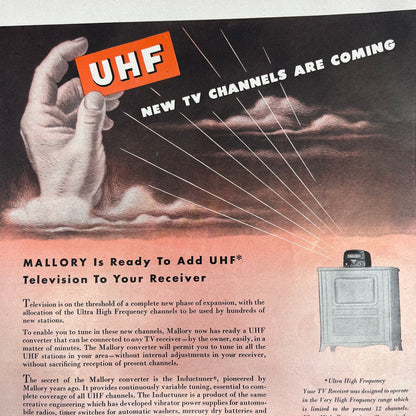 UHF TV Channels P.R. Mallory & Co Inc Indianapolis IN 1951 Magazine Ad FL6-10