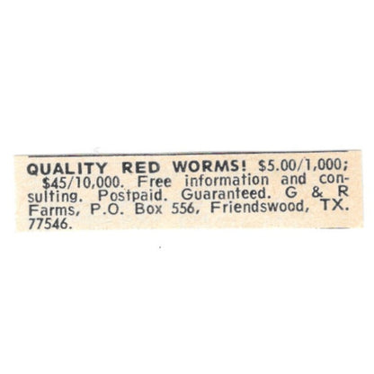 G&R Farms Red Worms Friendswood TX 1977 Ad AF6-S6