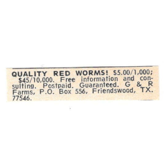 G&R Farms Red Worms Friendswood TX 1977 Ad AF6-S6