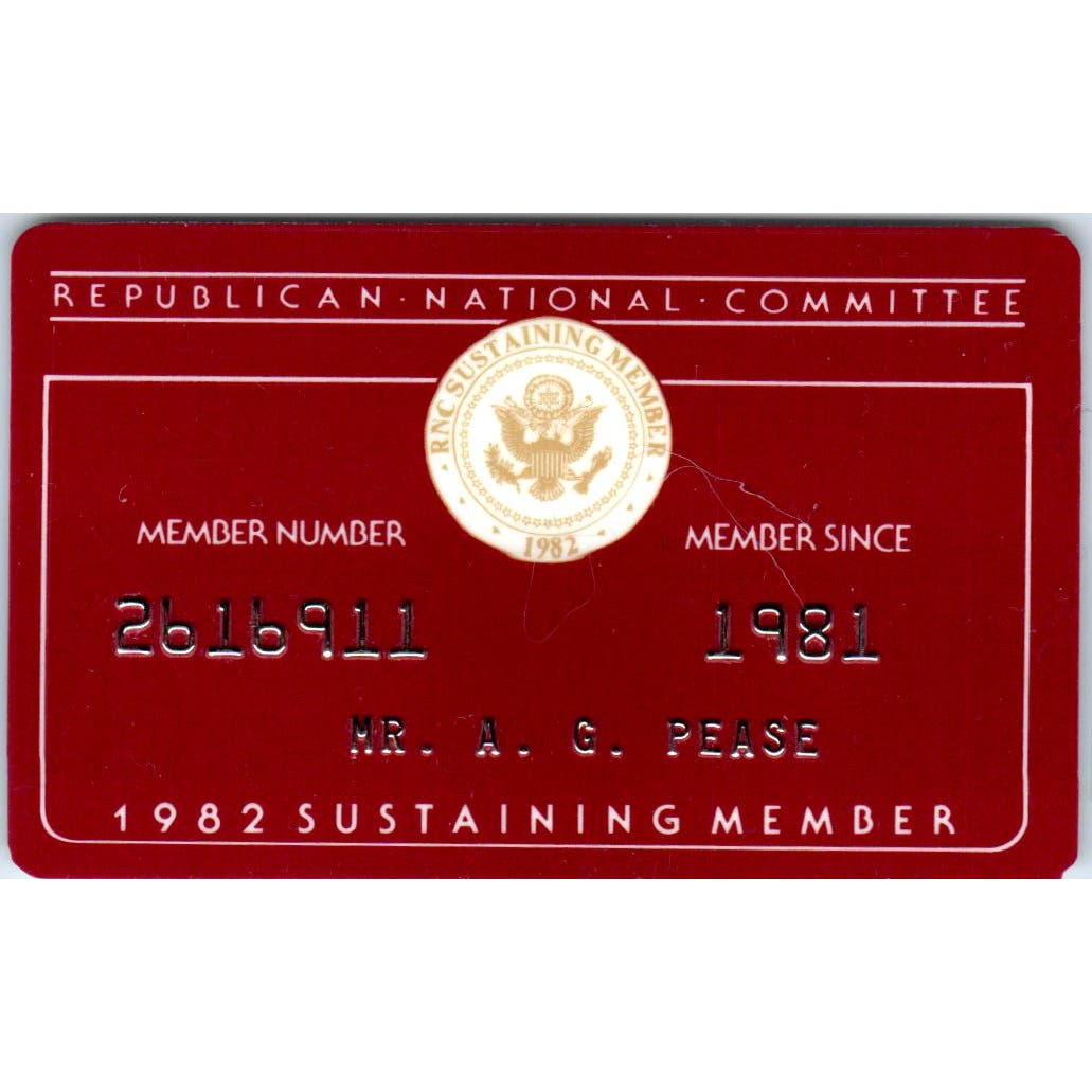 1982 Republican National Sustaining Member Card A.G. Pease AE2