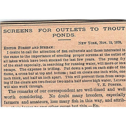 Screens for Outlets to Trout Ponds T.E. Porter New York 1878 Article AG2-M8