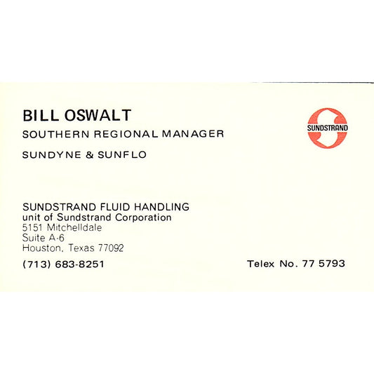 Sunstrand Fluid Handling, Bill Oswalt Houston Texas Vintage Business Card SB4-B2