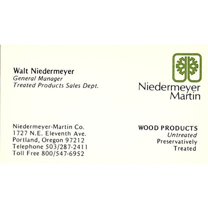 Walt Niedermeyer Martin Wood Products Portland OR Vintage Business Card SD9-B4