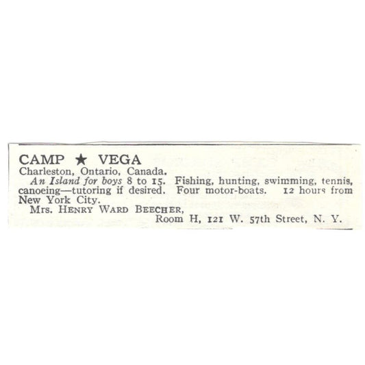 Camp Vega Charleston Ontario Henry Ward Beecher c1918 Advertisement AE5-SA6