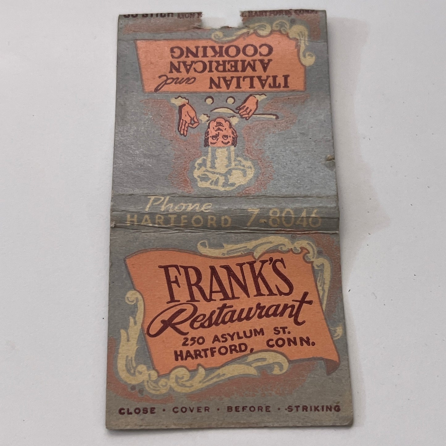 Frank's Restaurant 250 Asylum St Hartford CT Vintage Matchbook Cover TB8-MB-12