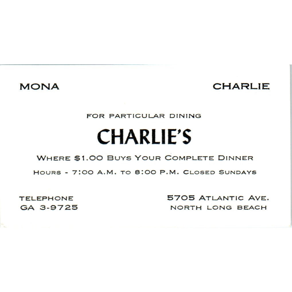 Charlie's Restaurant Mona Charlie North Long Beach Vintage Business Card SD8-B7