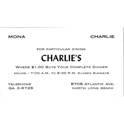Charlie's Restaurant Mona Charlie North Long Beach Vintage Business Card SD8-B7