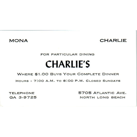Charlie's Restaurant Mona Charlie North Long Beach Vintage Business Card SD8-B7