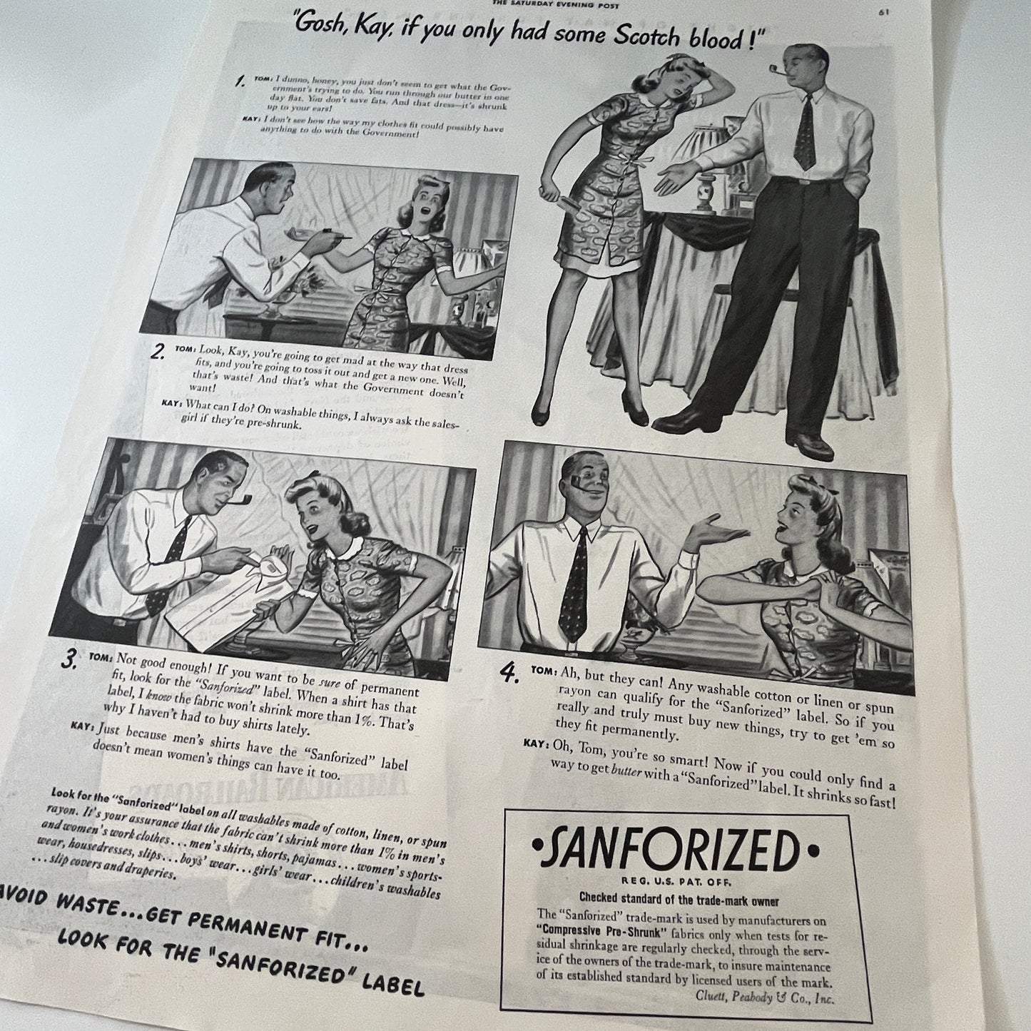 Cluett, Peabody & Co., Inc. Sanforized Reg. U.S. Pat. Off. 1943 WWII Ad SV1-6