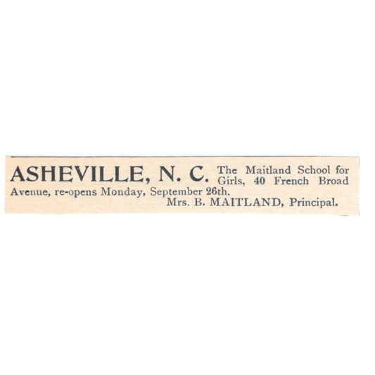 Maitland School for Girls Asheville NC B. Maitland 1892 Magazine Ad AK6-S5