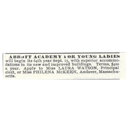 Abbott Academy for Girls Laura Watson Philena McKeen Andover MA 1892 Ad AG2-S24