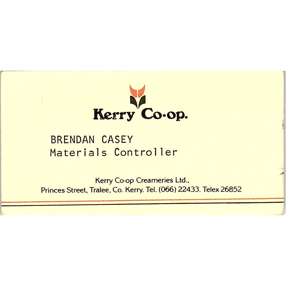 Kerry Co-op Brendan Casey Tralee Co Kerry Vintage Business Card SC9-B2