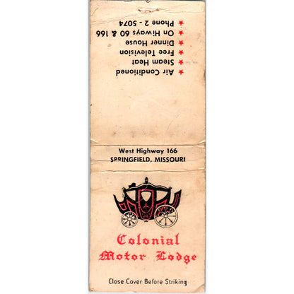 Colonial Motor Lodge Springfield Missouri Vintage Matchbook Cover SD4-Y14