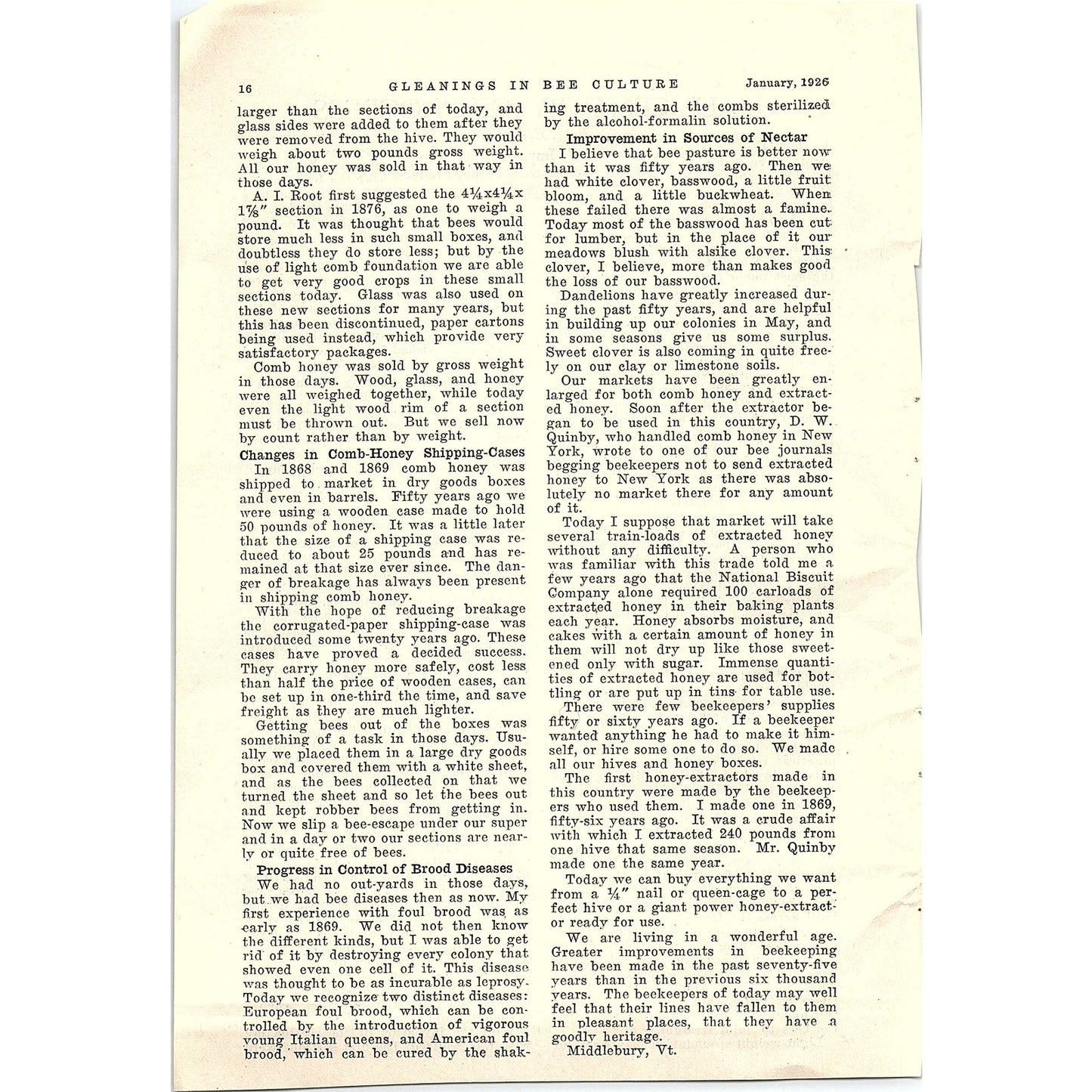 Inventions Improvements Commercial Honey Production JE Crane 1926 Article AG3-9