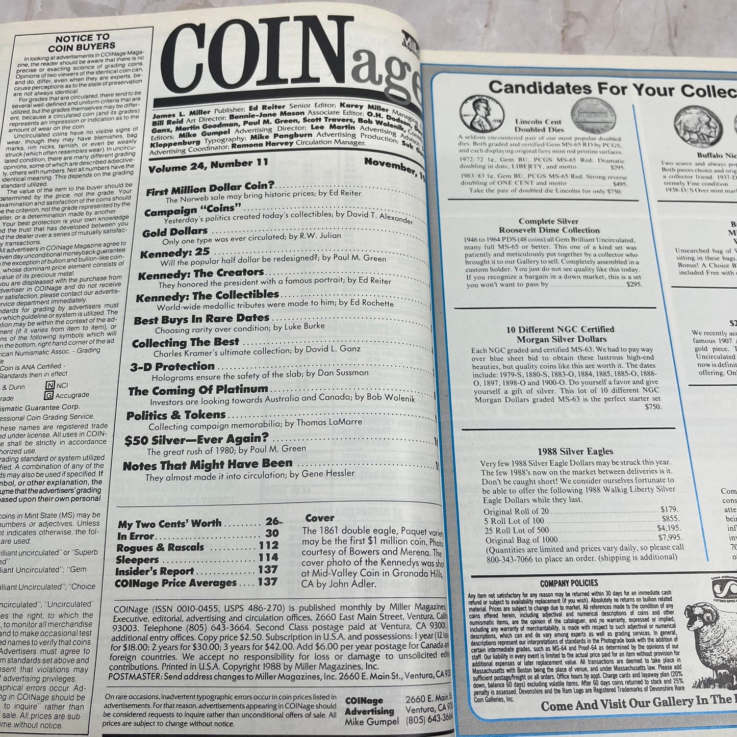 1988 Nov - COINage Magazine Kennedy Halves Gold Dollars Million Dollar Coin M20