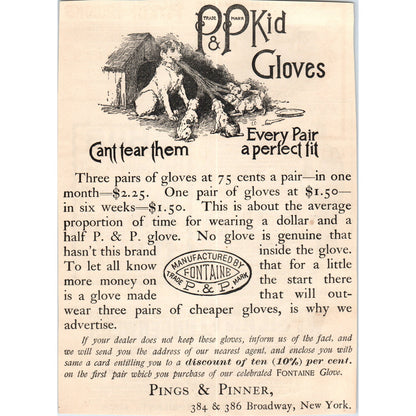 P&P Kid Gloves Pings & Pinner Dog With Puppies 1892 Magazine Ad AB6-SL1