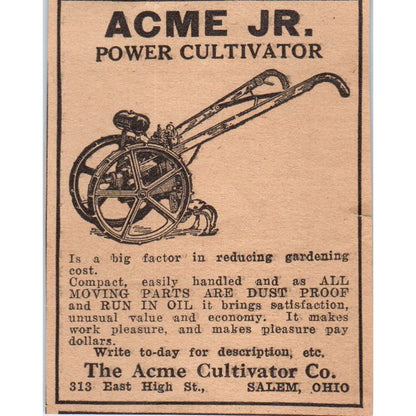 Acme Cultivator Co Salem OH Acme Jr. Power Cultivator 1922 Magazine Ad AF2-S8