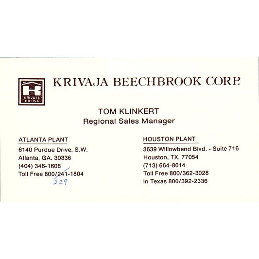 Tom Klinkert Krivaja Beechbrook Corp Houston Vintage Business Card SD9-B7