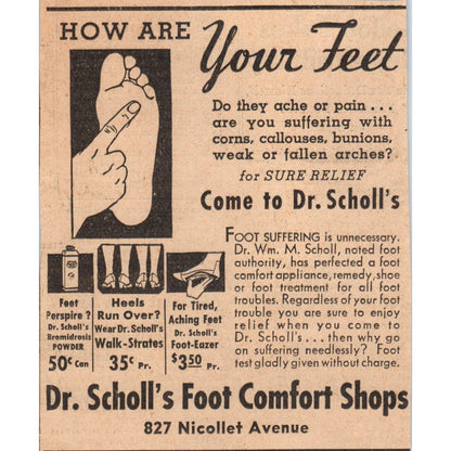 Dr. Scholl's Foot Comfort Shops Nicollet 3x4 1935 Minneapolis Journal Ad AE7-H1