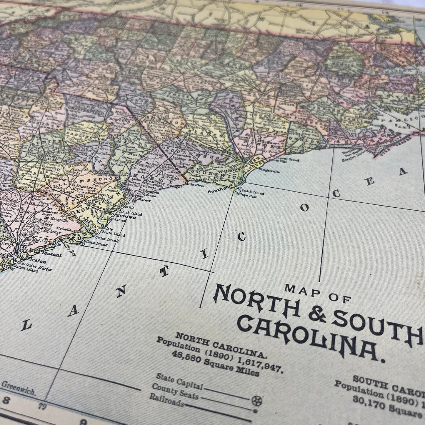 1899 Map of North and South Carolina 10x13 Original Tinted Map Engraving FL6-8