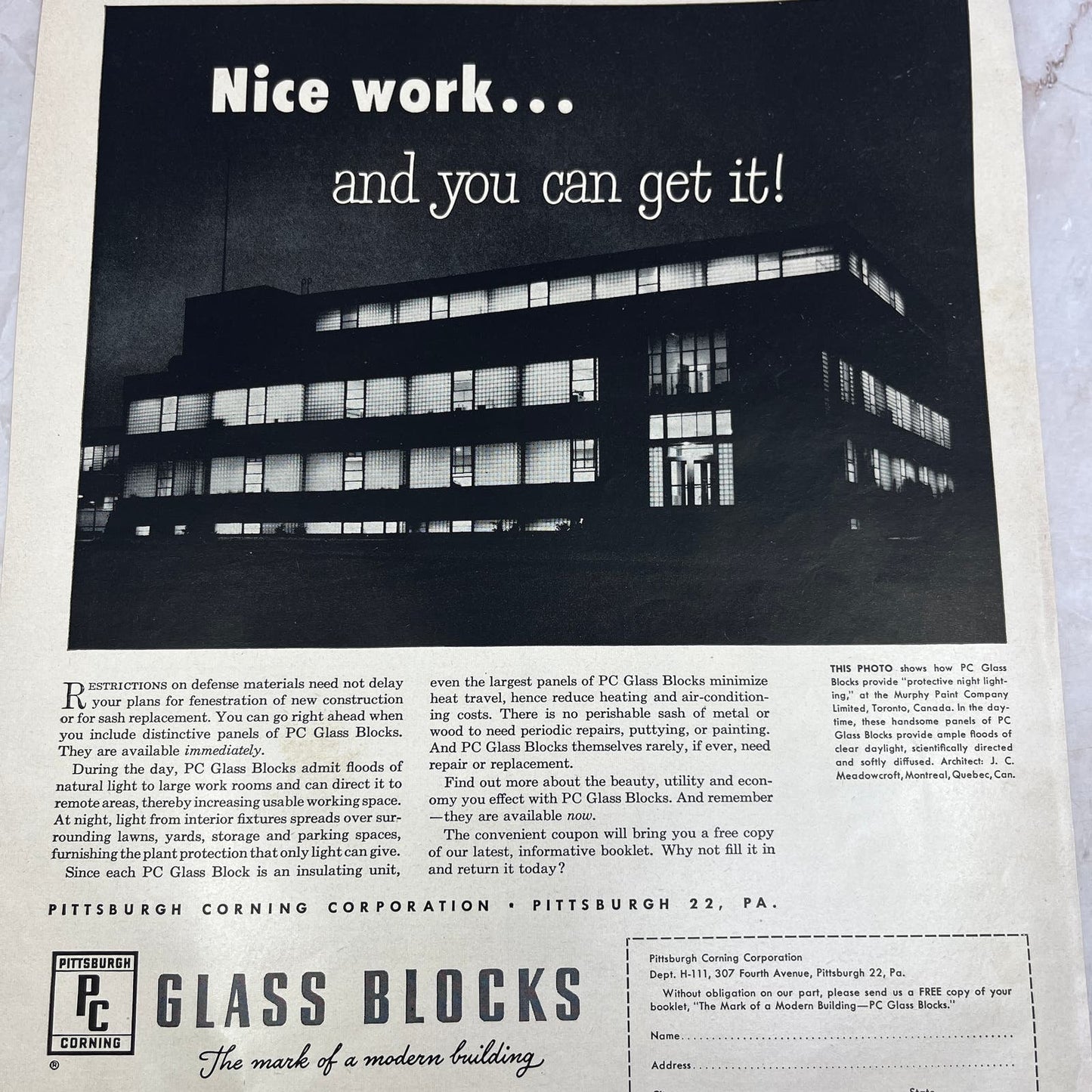 Pittsburgh Corning Glass Blocks 1951 Magazine Ad FL6-10