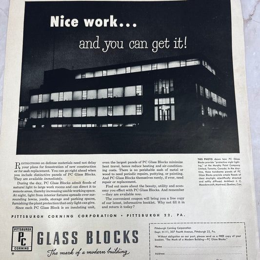 Pittsburgh Corning Glass Blocks 1951 Magazine Ad FL6-10