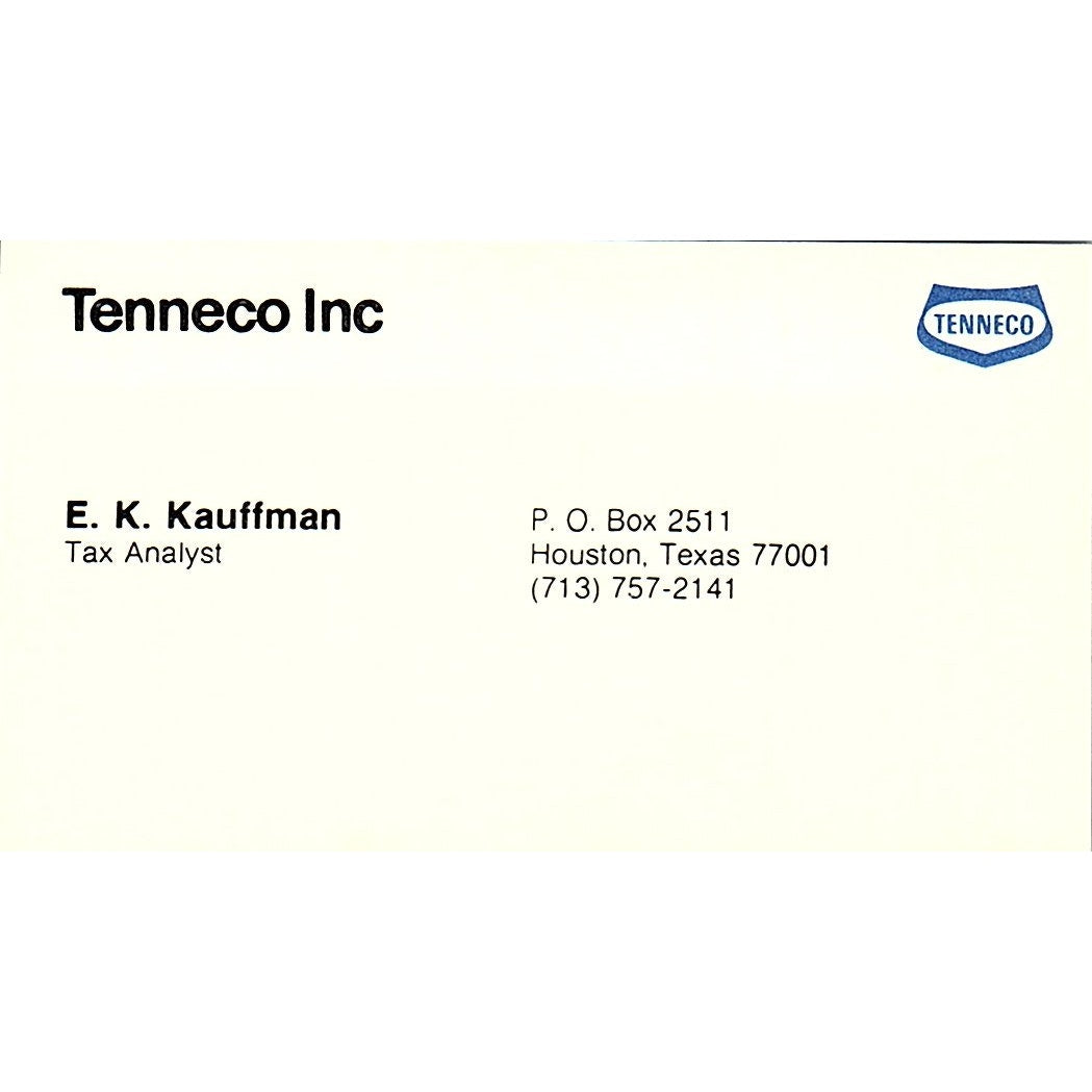 Tenneco Inc E.K. Kauffman Tax Analyst Houston Texas Vintage Business Card SB4-B7