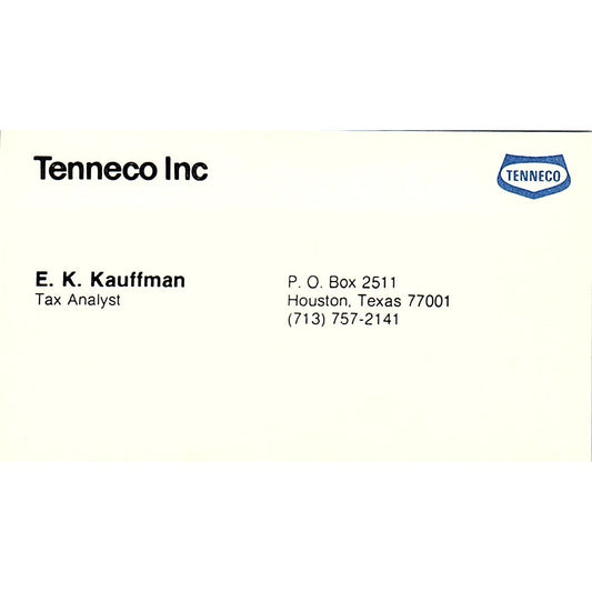 Tenneco Inc E.K. Kauffman Tax Analyst Houston Texas Vintage Business Card SB4-B7