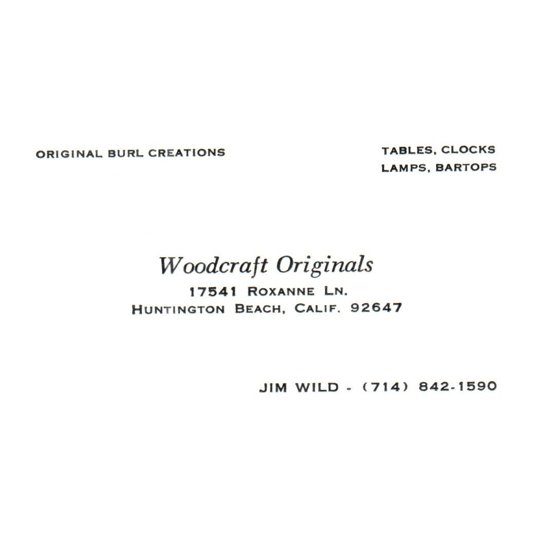Vintage Woodcraft Originals Jim Wild Roxanne Huntington CA Business Card SF3-B1