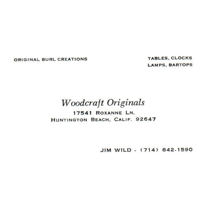 Vintage Woodcraft Originals Jim Wild Roxanne Huntington CA Business Card SF3-B1