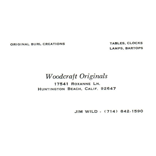 Vintage Woodcraft Originals Jim Wild Roxanne Huntington CA Business Card SF3-B1