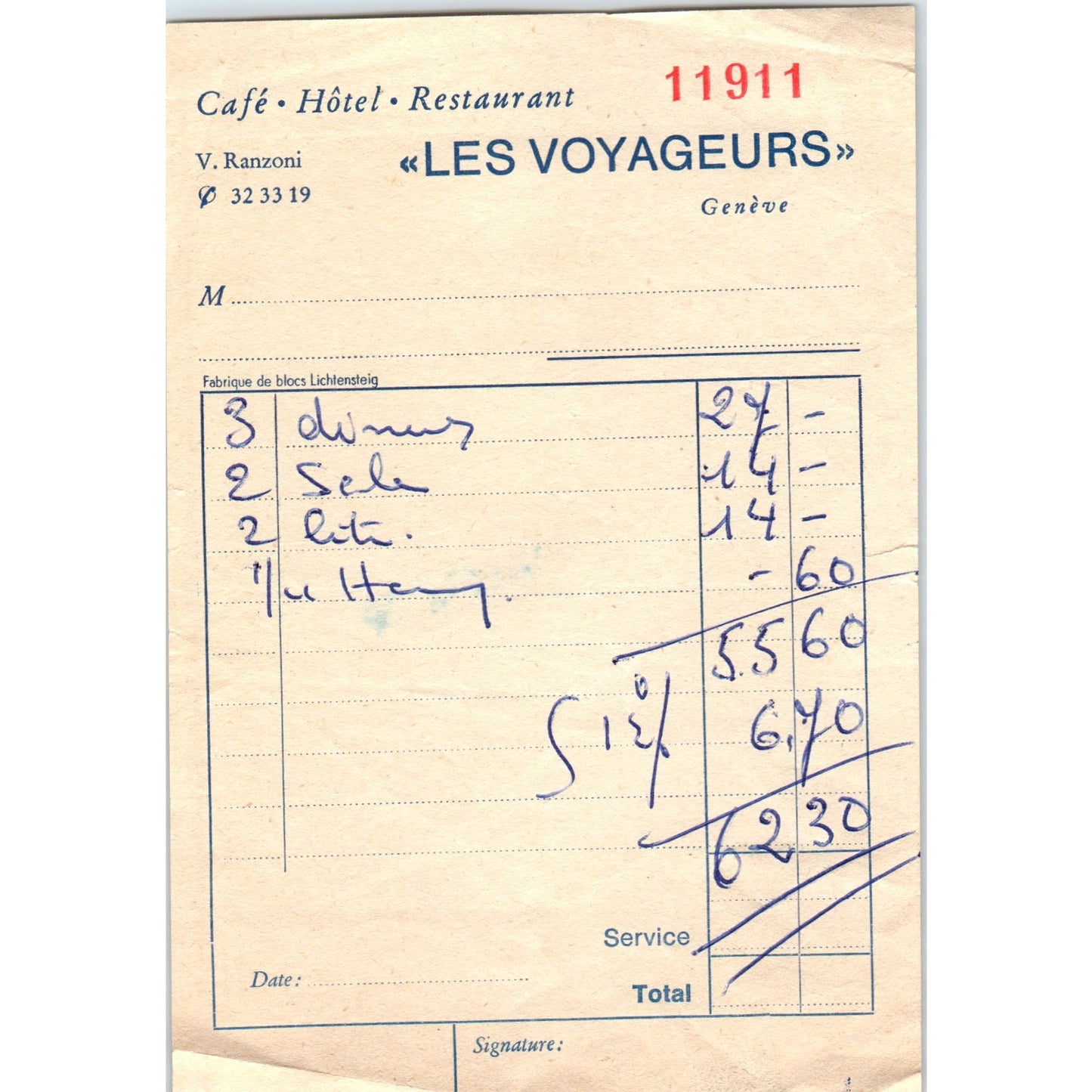 1960s Les Voyageurs Hotel Restaurant Genève Geneva Receipt V. Ranzoni AF7-E9