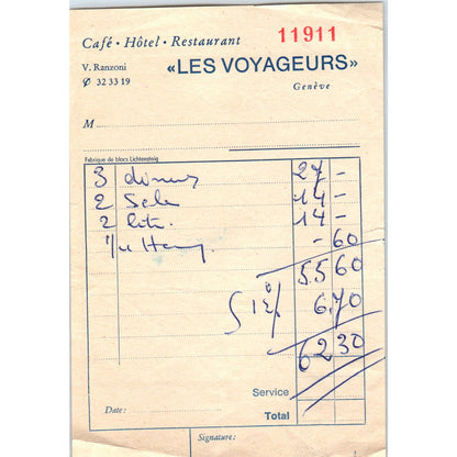1960s Les Voyageurs Hotel Restaurant Genève Geneva Receipt V. Ranzoni AF7-E9