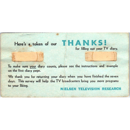 Vintage Nielsen Television Research Survey Thank You Card AF1-RR1