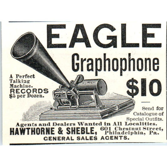 Eagle Graphophone Hawthorne & Sheble Philadelphia 1897 Victorian Ad AE9-TS11